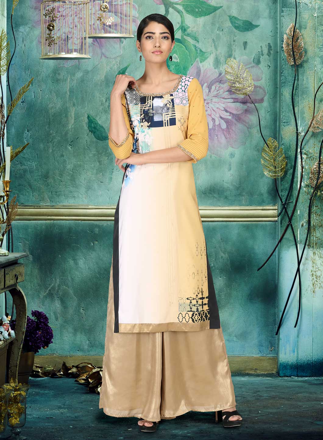 Yellow Round Neck Floral Print kurta