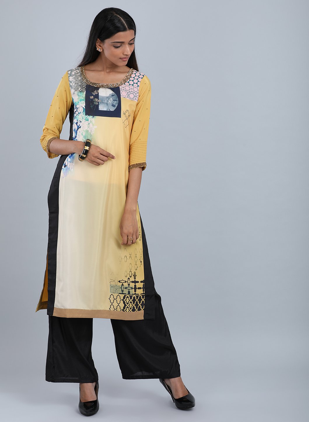 Yellow Round Neck Floral Print kurta