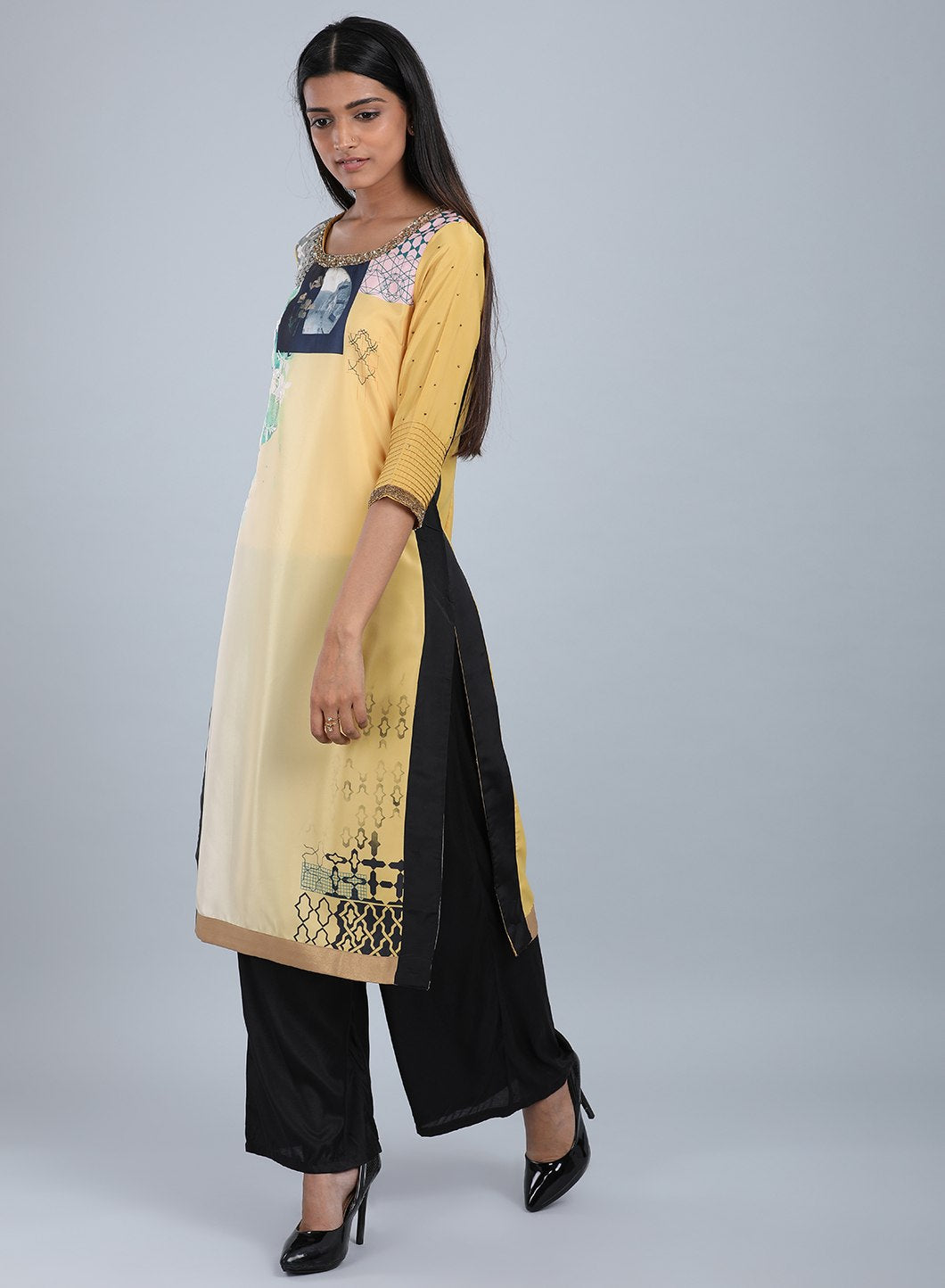 Yellow Round Neck Floral Print kurta
