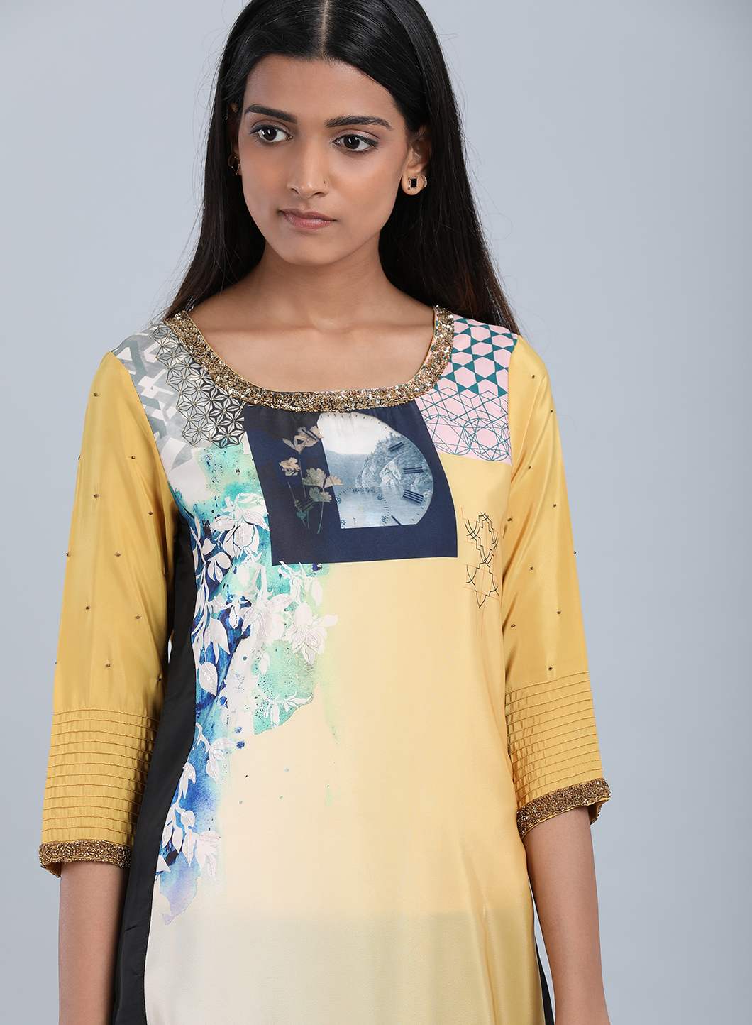 Yellow Round Neck Floral Print kurta