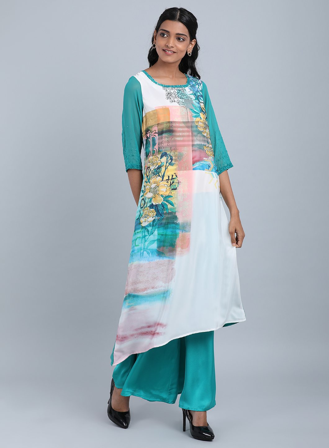 Blue Round Neck Floral Print kurta