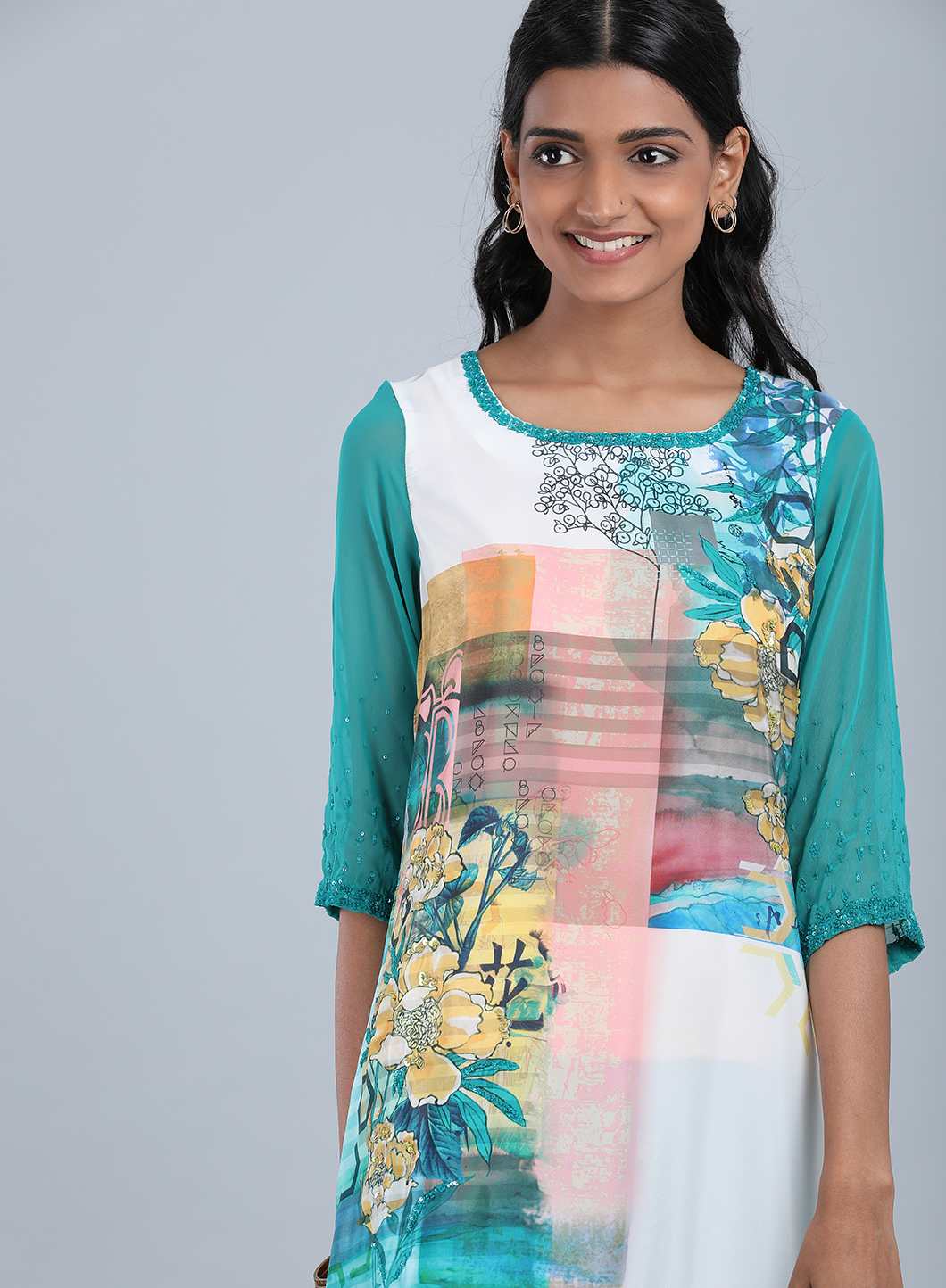 Blue Round Neck Floral Print kurta
