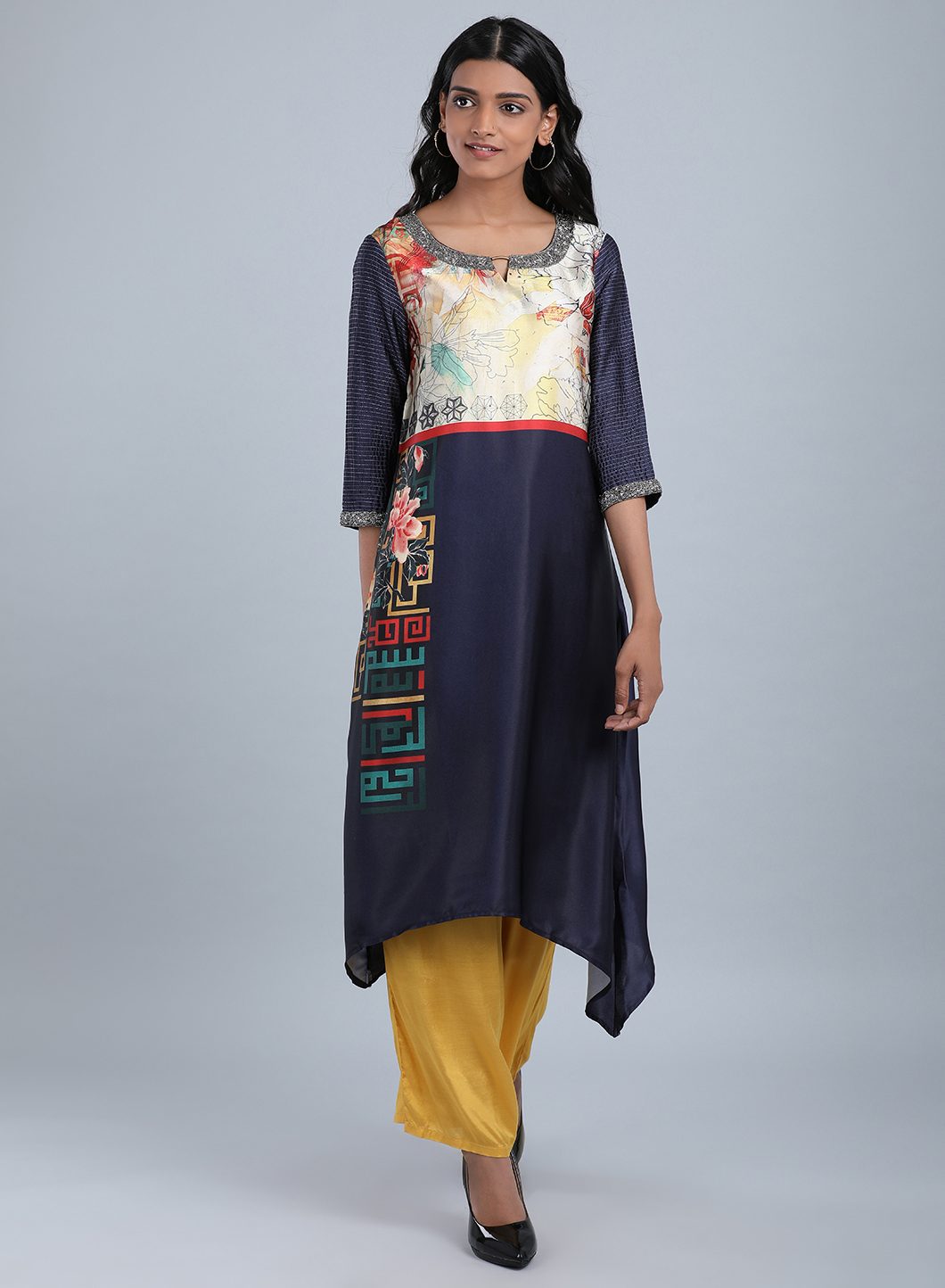 Blue Round Neck Printed kurta