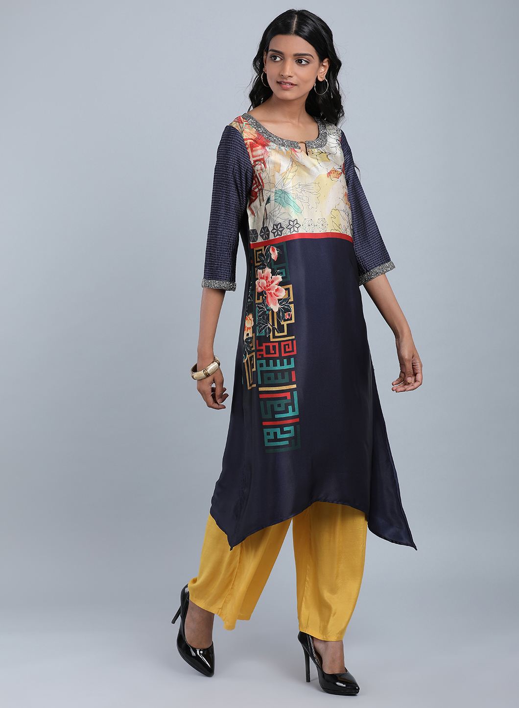 Blue Round Neck Printed kurta
