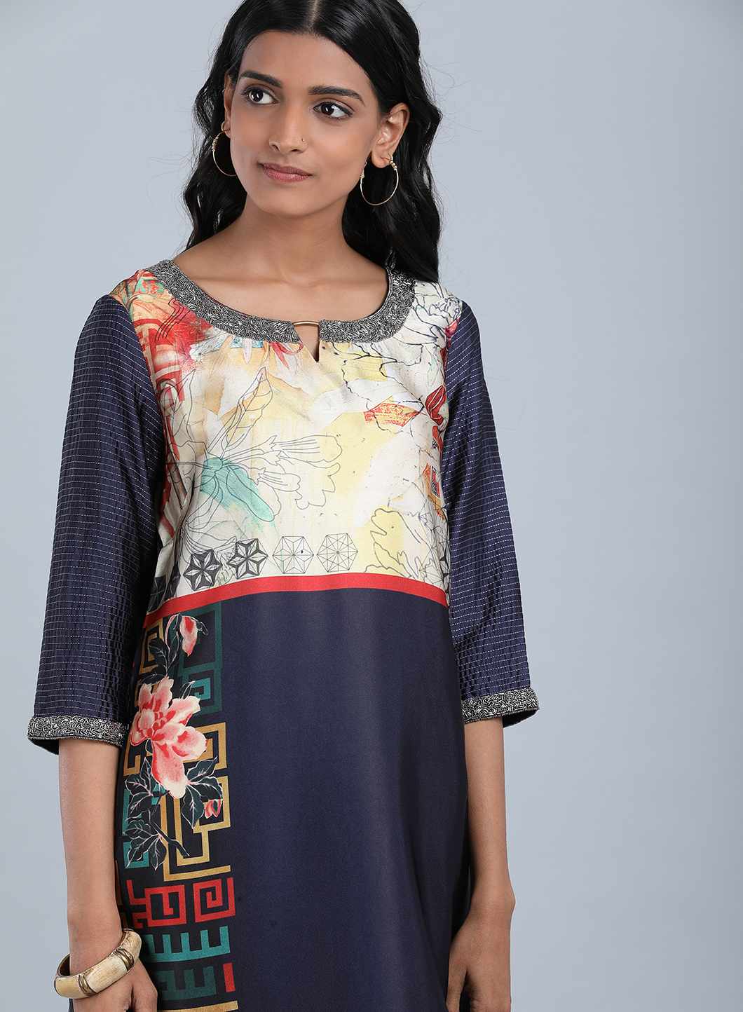Blue Round Neck Printed kurta