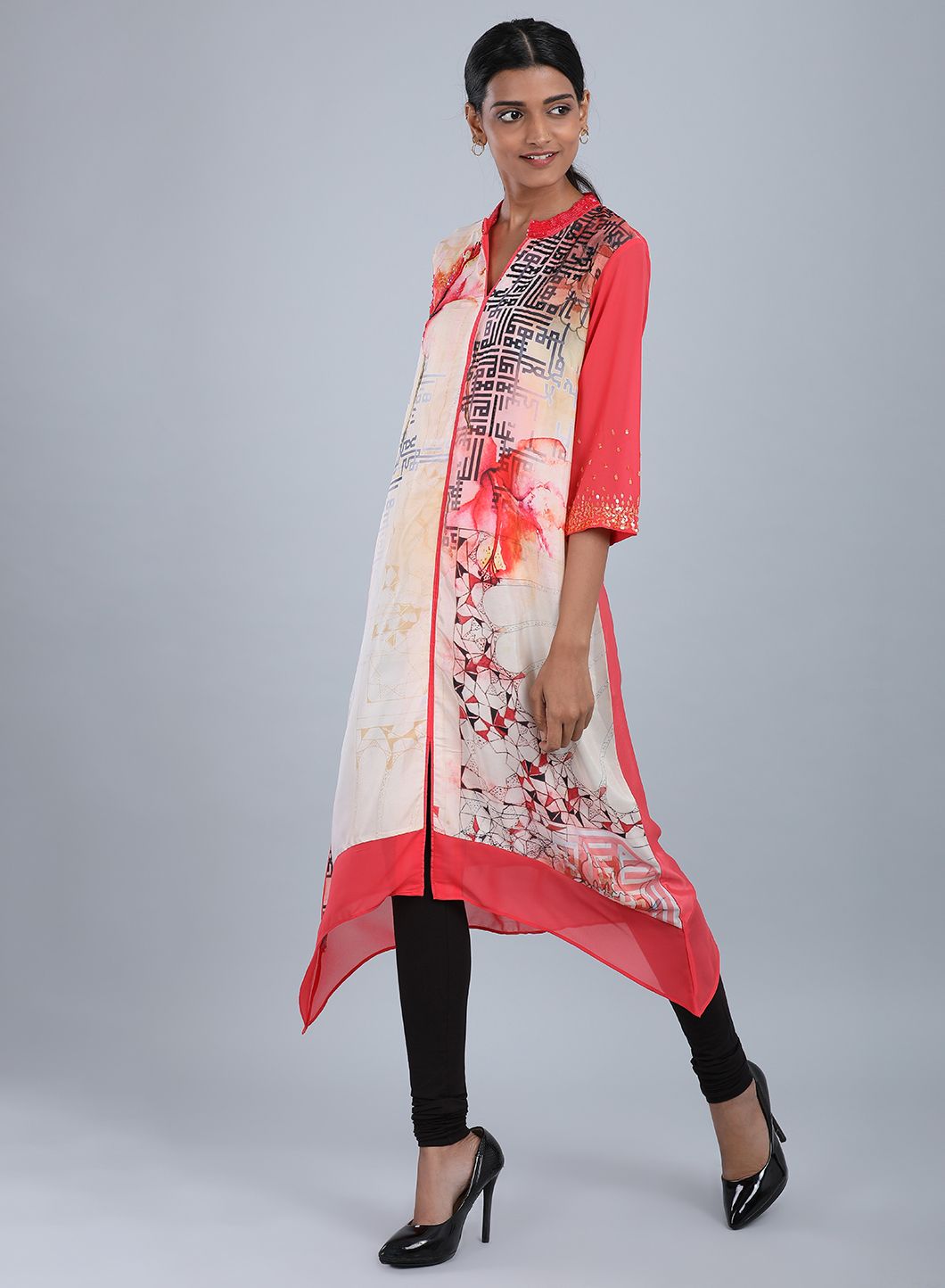 Rose Pink Mandarin Neck Floral Print kurta