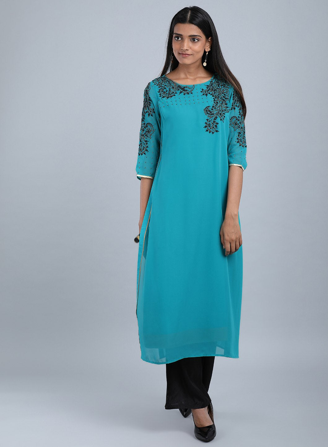 Teal Blue Round Neck Embellished kurta