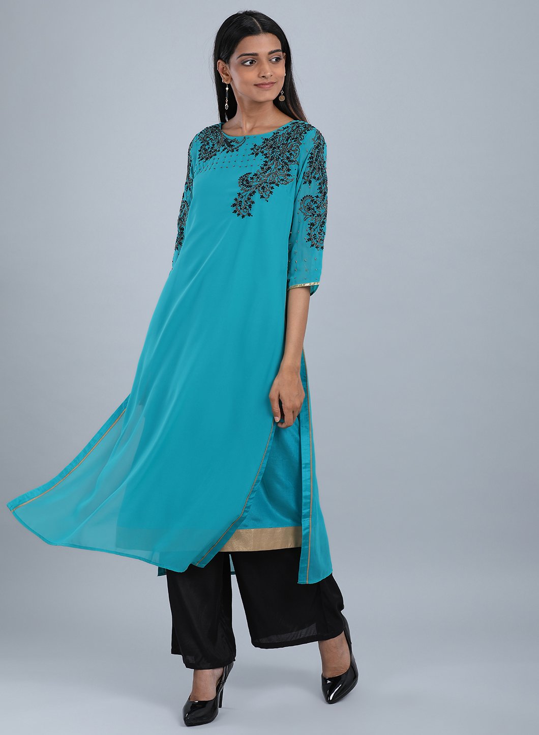 Teal Blue Round Neck Embellished kurta