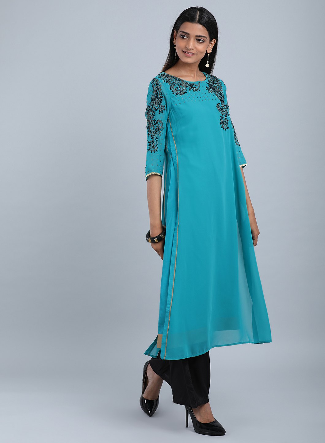 Teal Blue Round Neck Embellished kurta