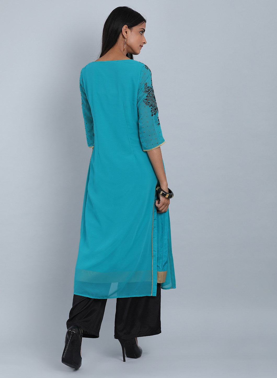 Teal Blue Round Neck Embellished kurta