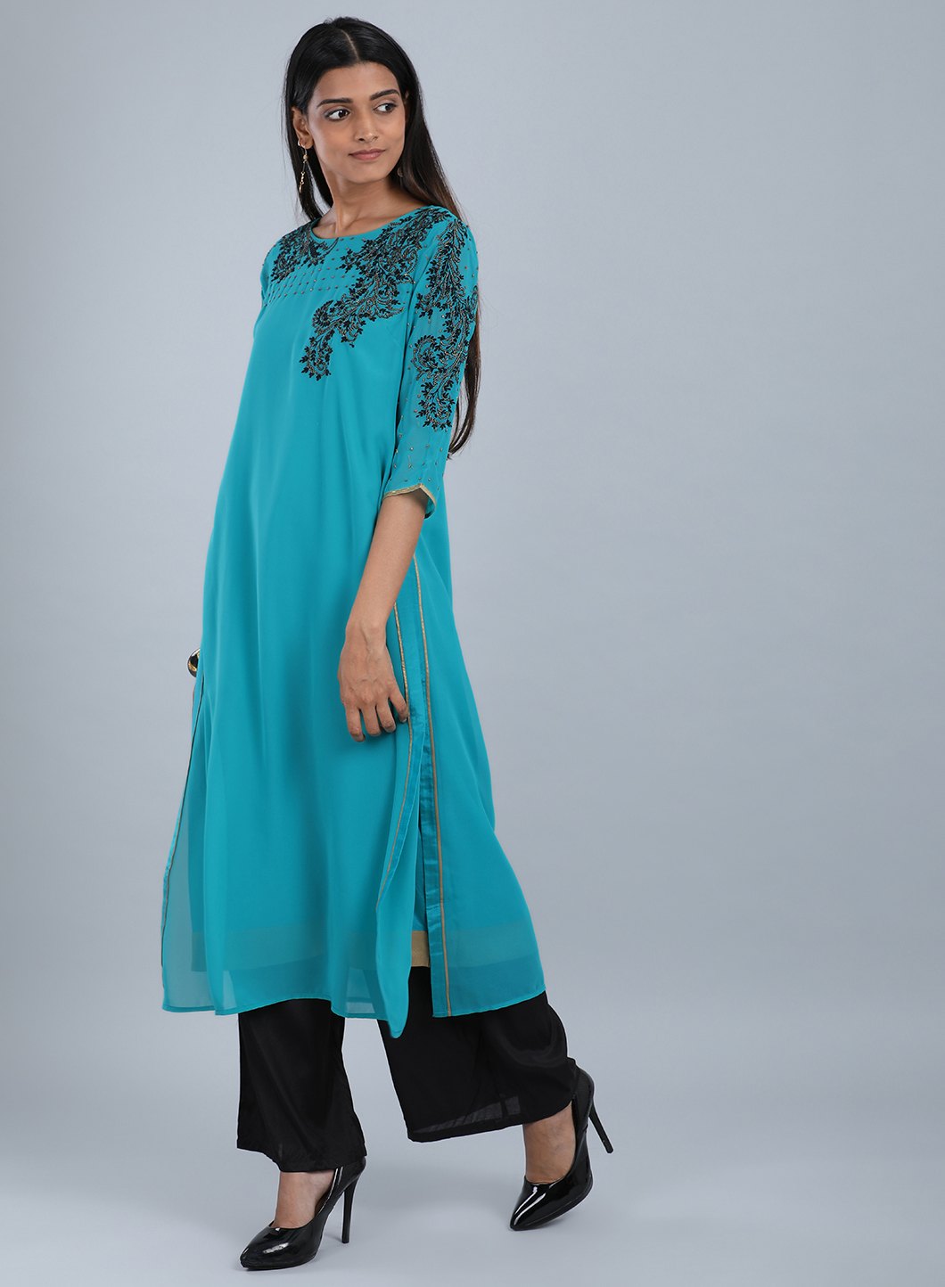 Teal Blue Round Neck Embellished kurta