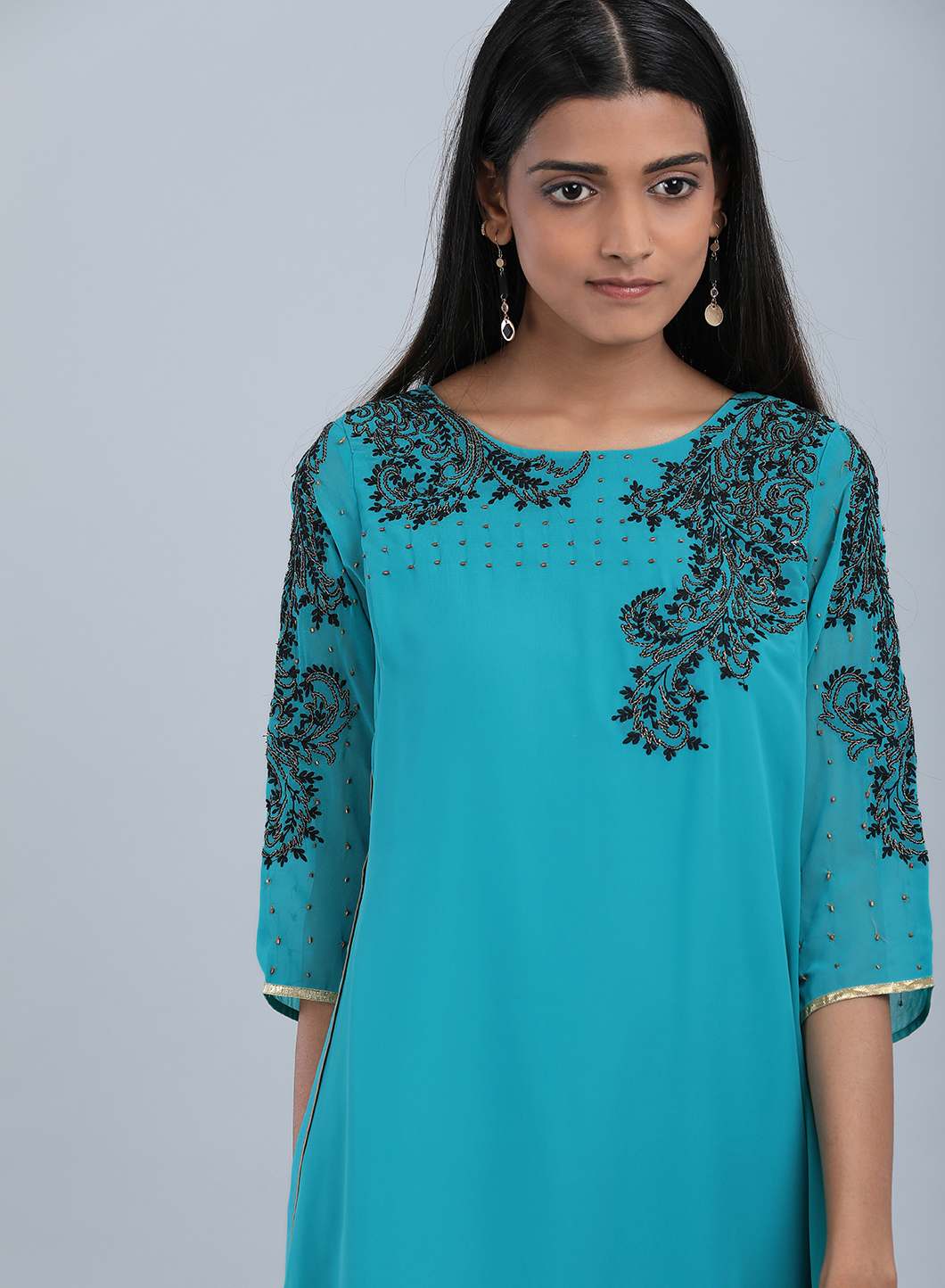 Teal Blue Round Neck Embellished kurta