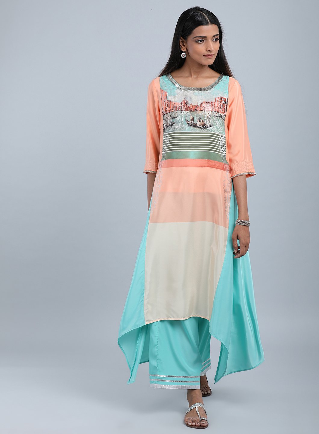 Blue & Peach Round Neck Asymmetrical kurta