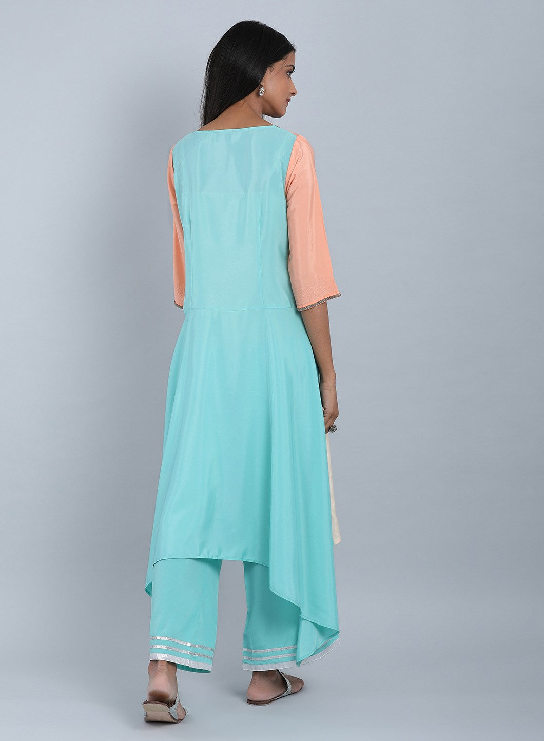 Blue & Peach Round Neck Asymmetrical kurta