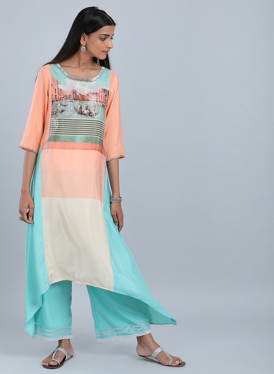 Blue & Peach Round Neck Asymmetrical kurta