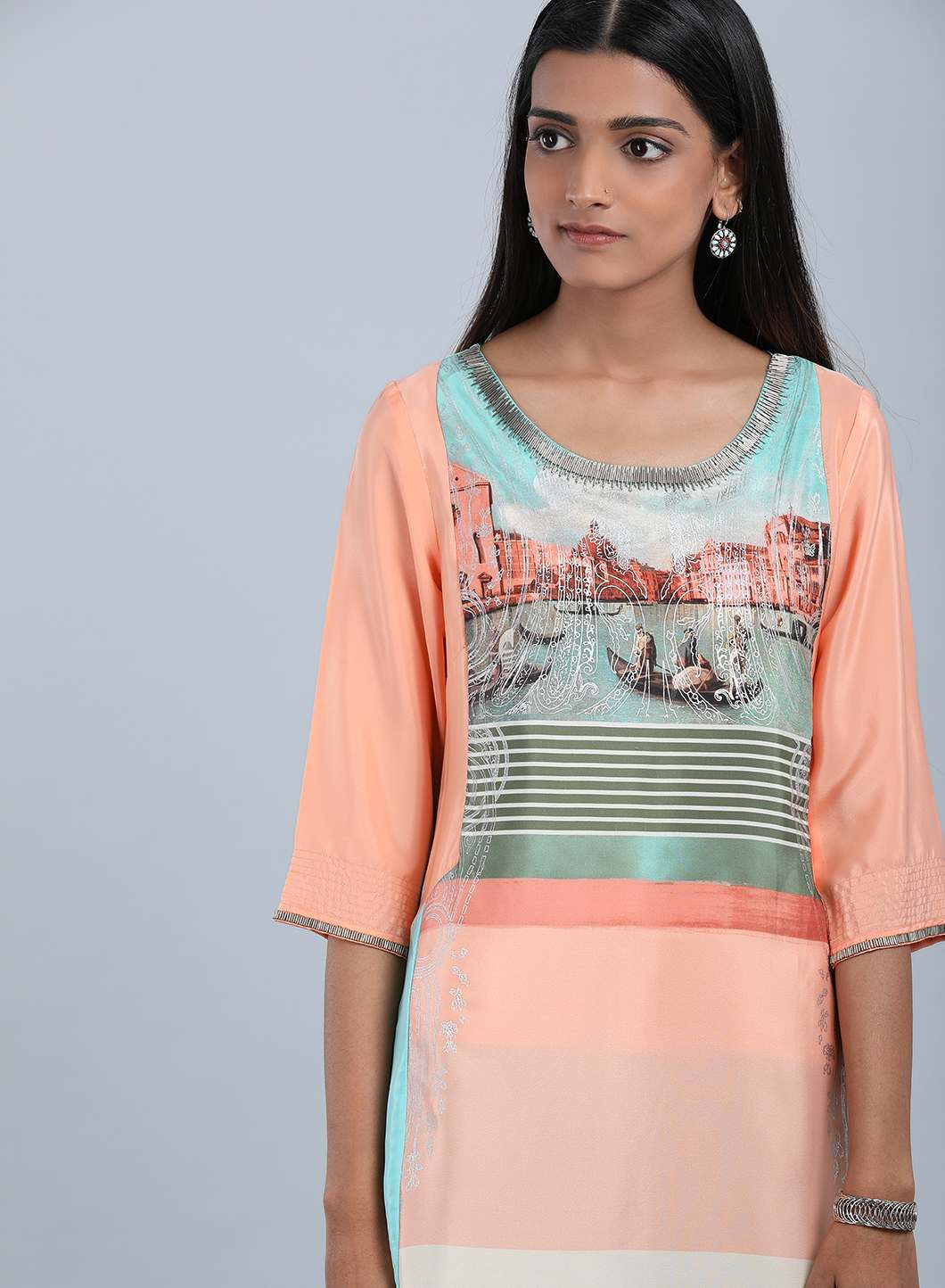 Blue & Peach Round Neck Asymmetrical kurta
