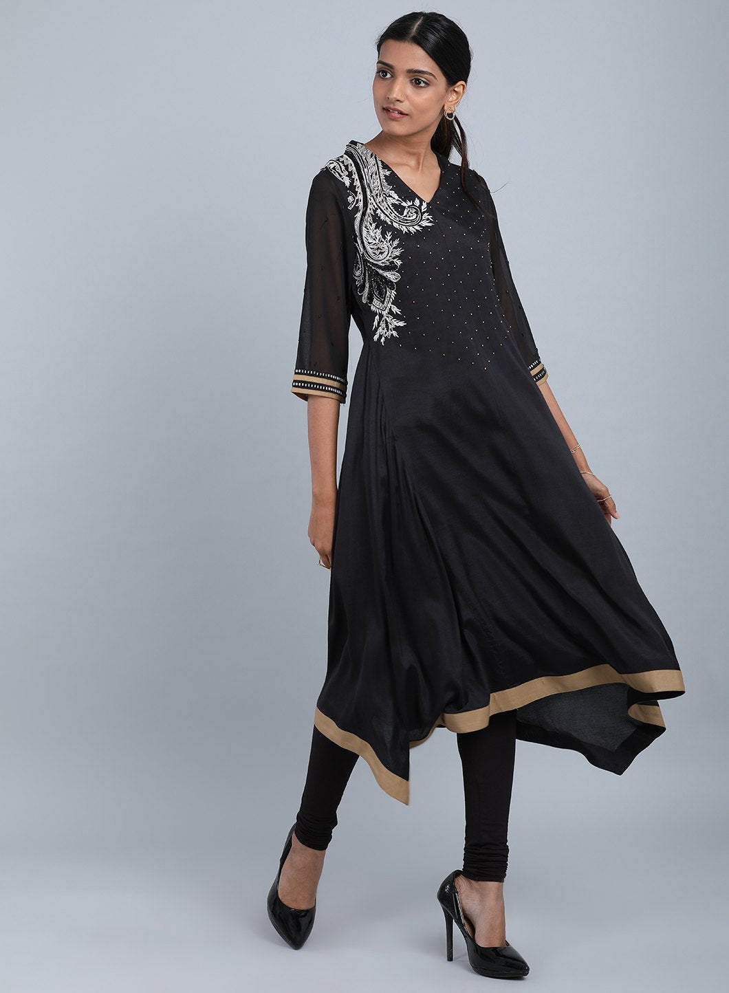 Black V Neck Embellished kurta