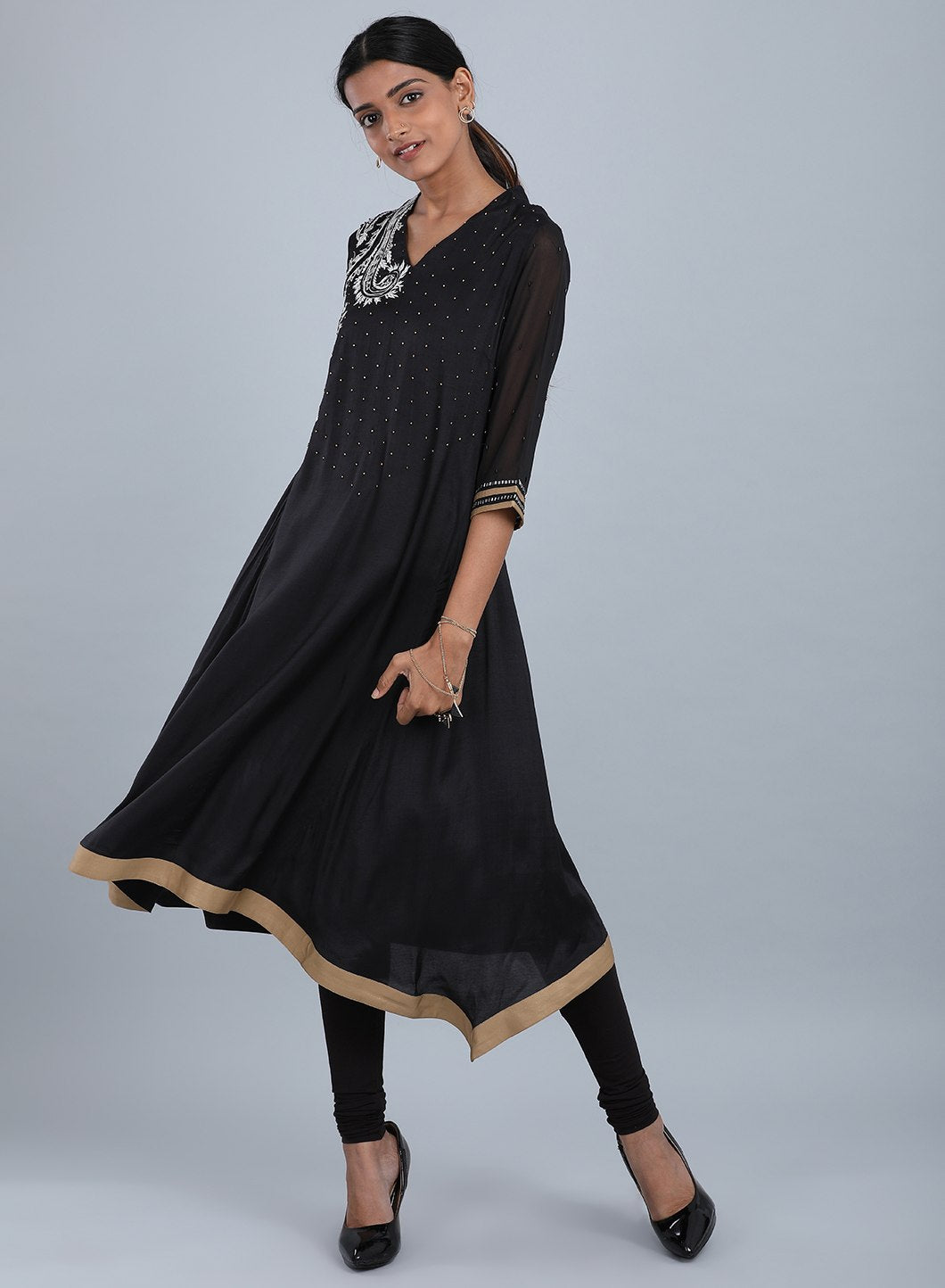 Black V Neck Embellished kurta