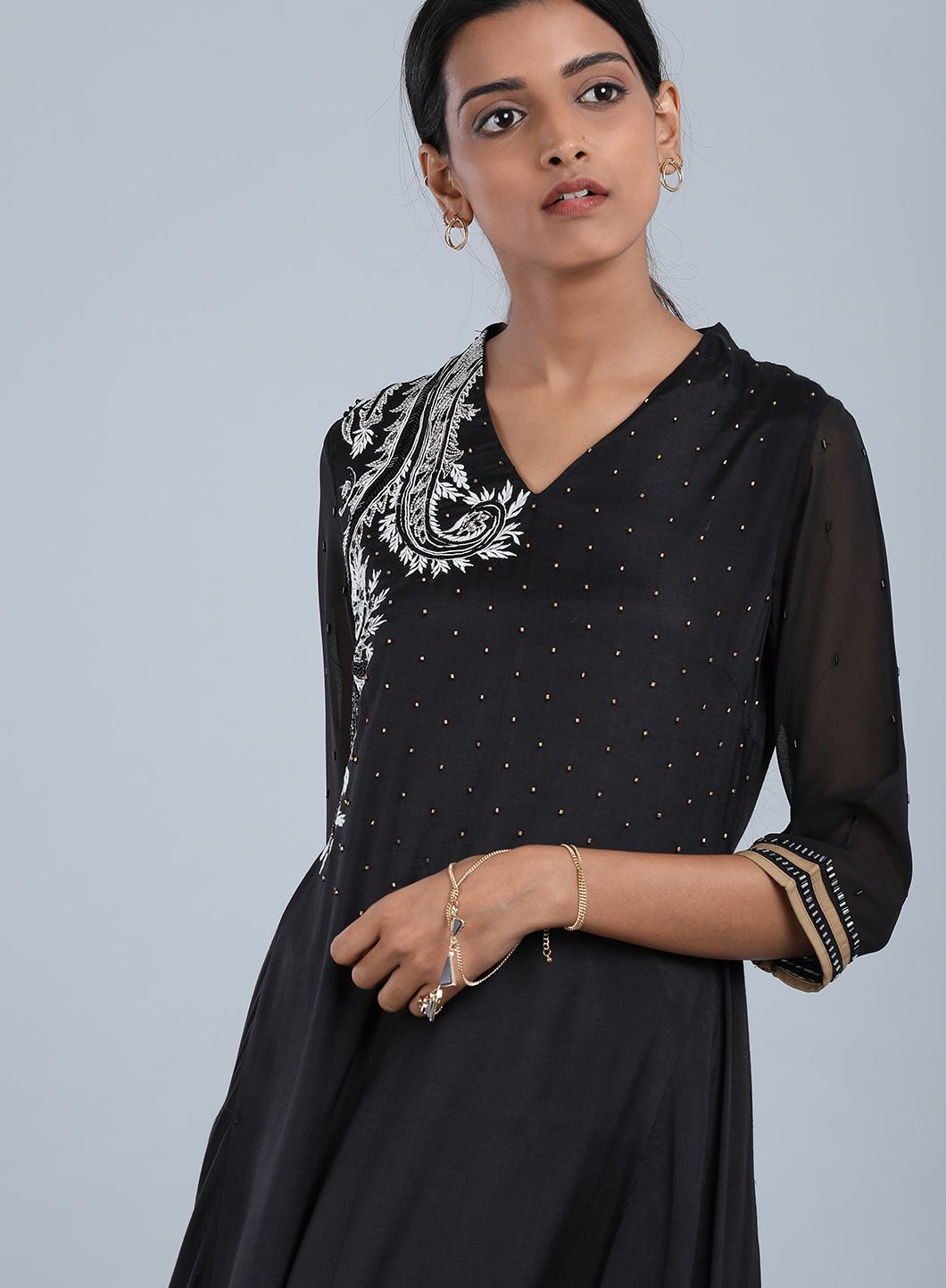 Black V Neck Embellished kurta