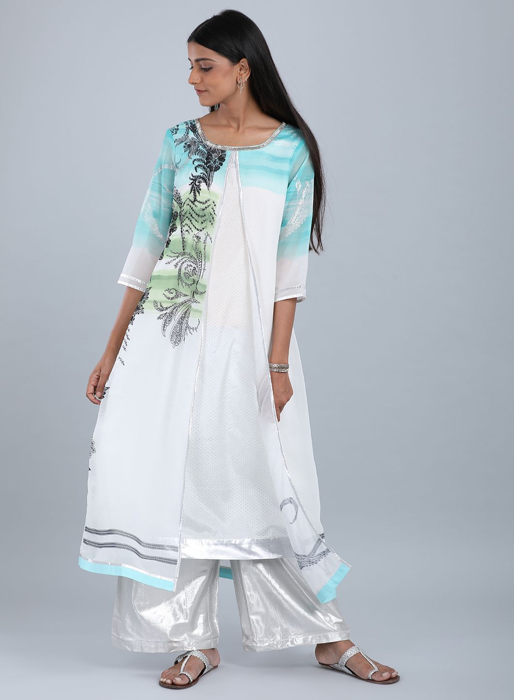Blue & White Round Neck Printed kurta