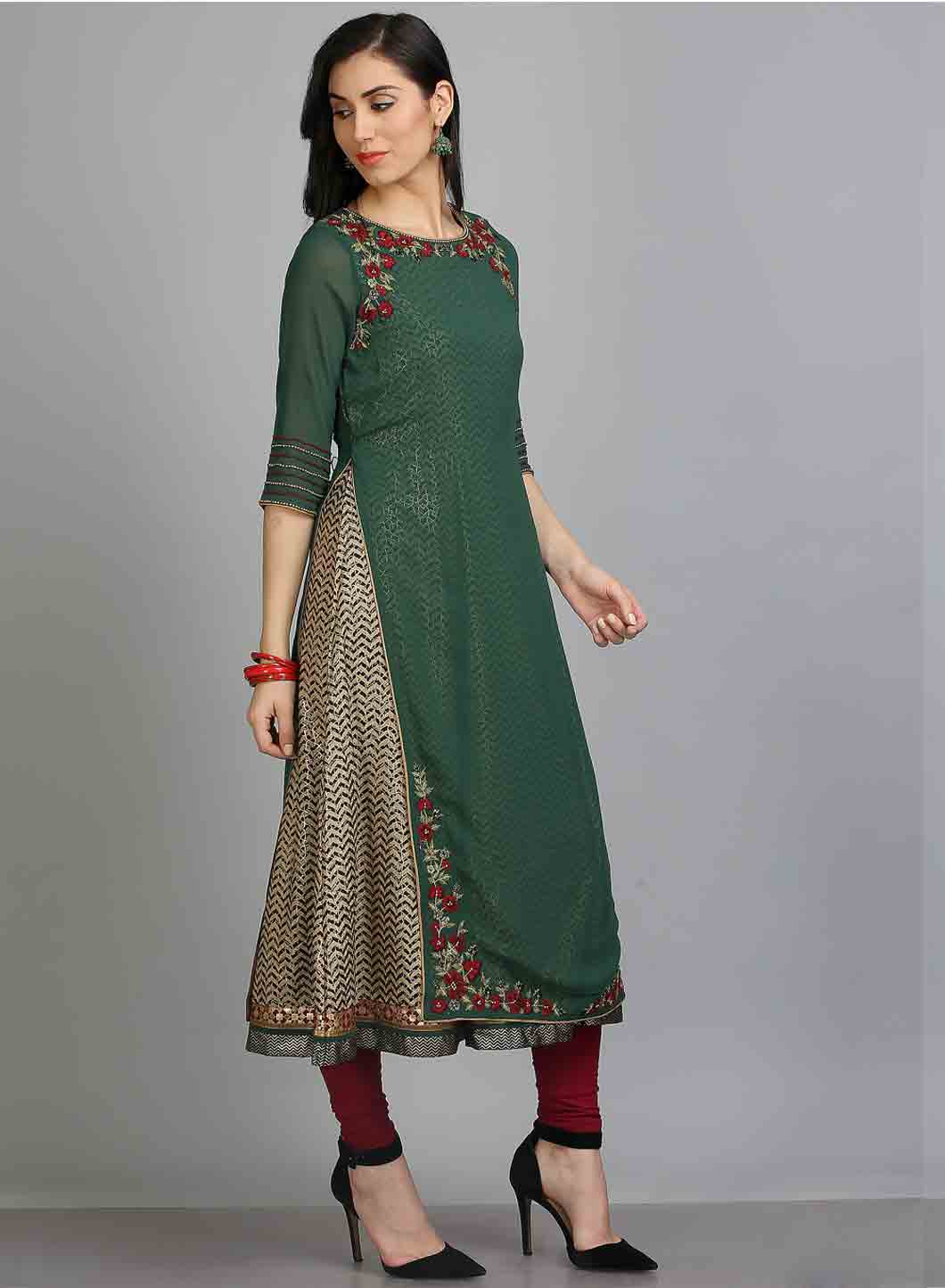 Green Round Neck 3/4 Sleeves kurta