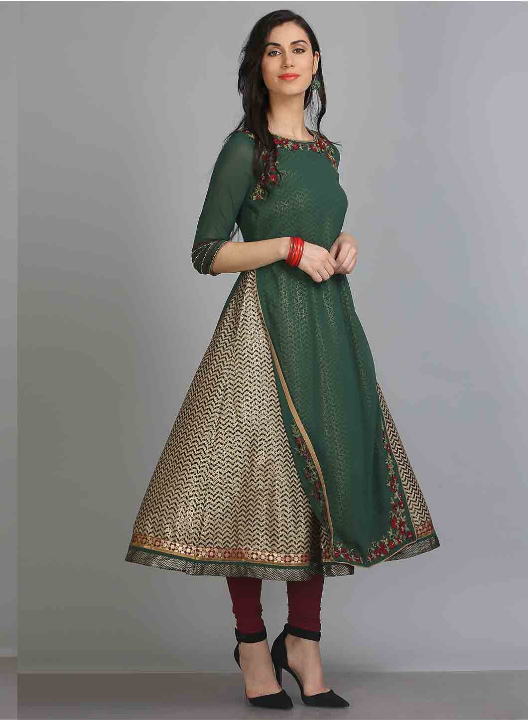Green Round Neck 3/4 Sleeves kurta