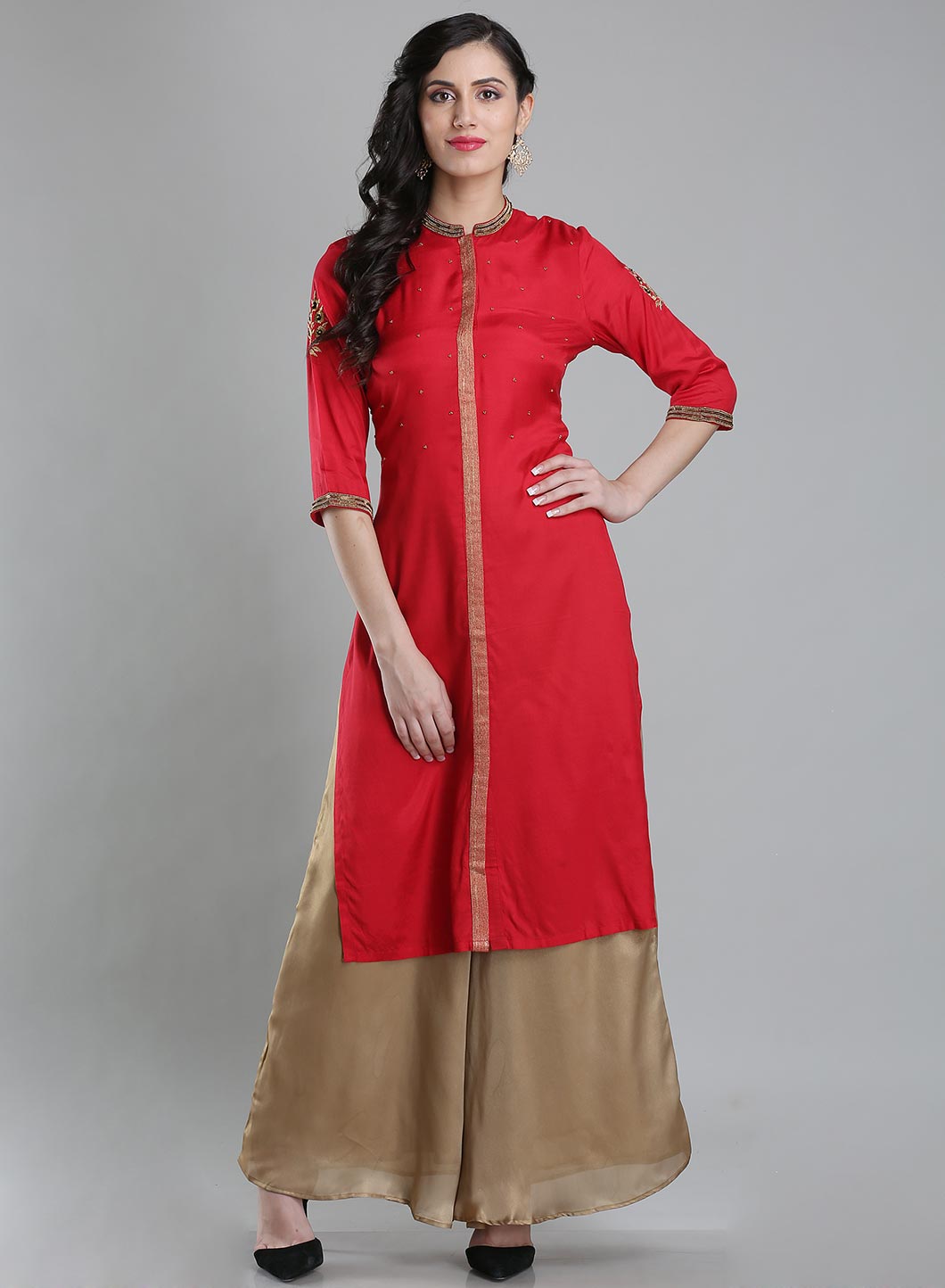 Red Mandarin Neck 3/4 Sleeves kurta