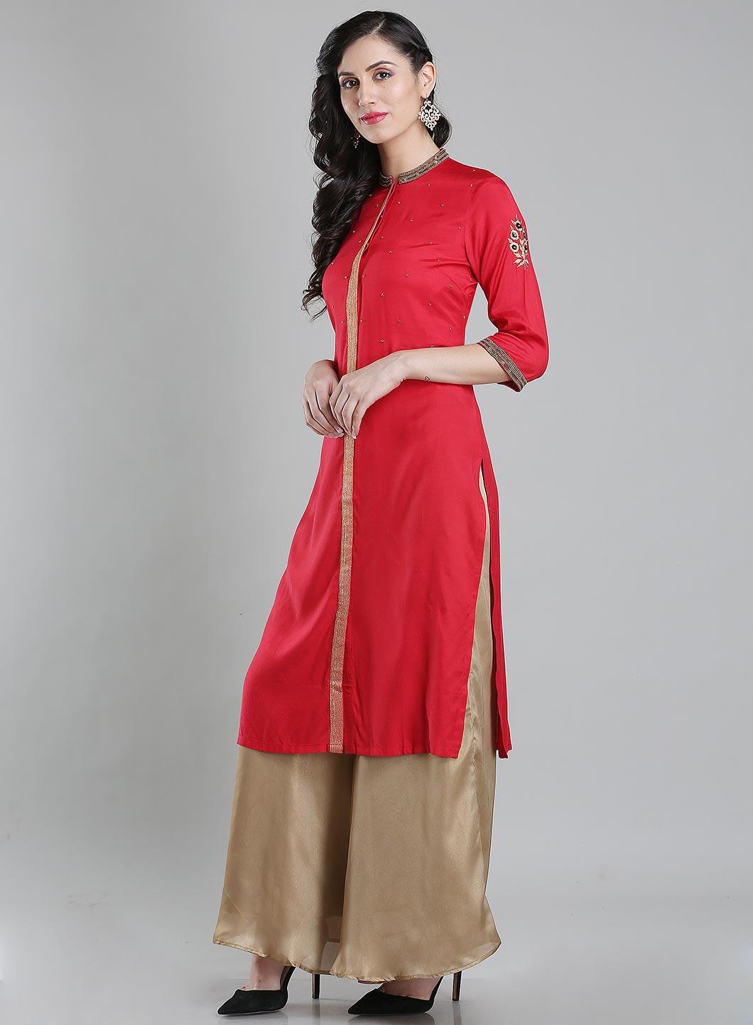 Red Mandarin Neck 3/4 Sleeves kurta
