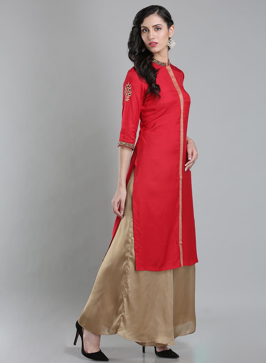 Red Mandarin Neck 3/4 Sleeves kurta