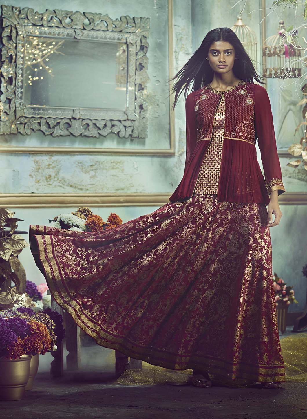 Maroon Embellished Round Neck Ethnic Set