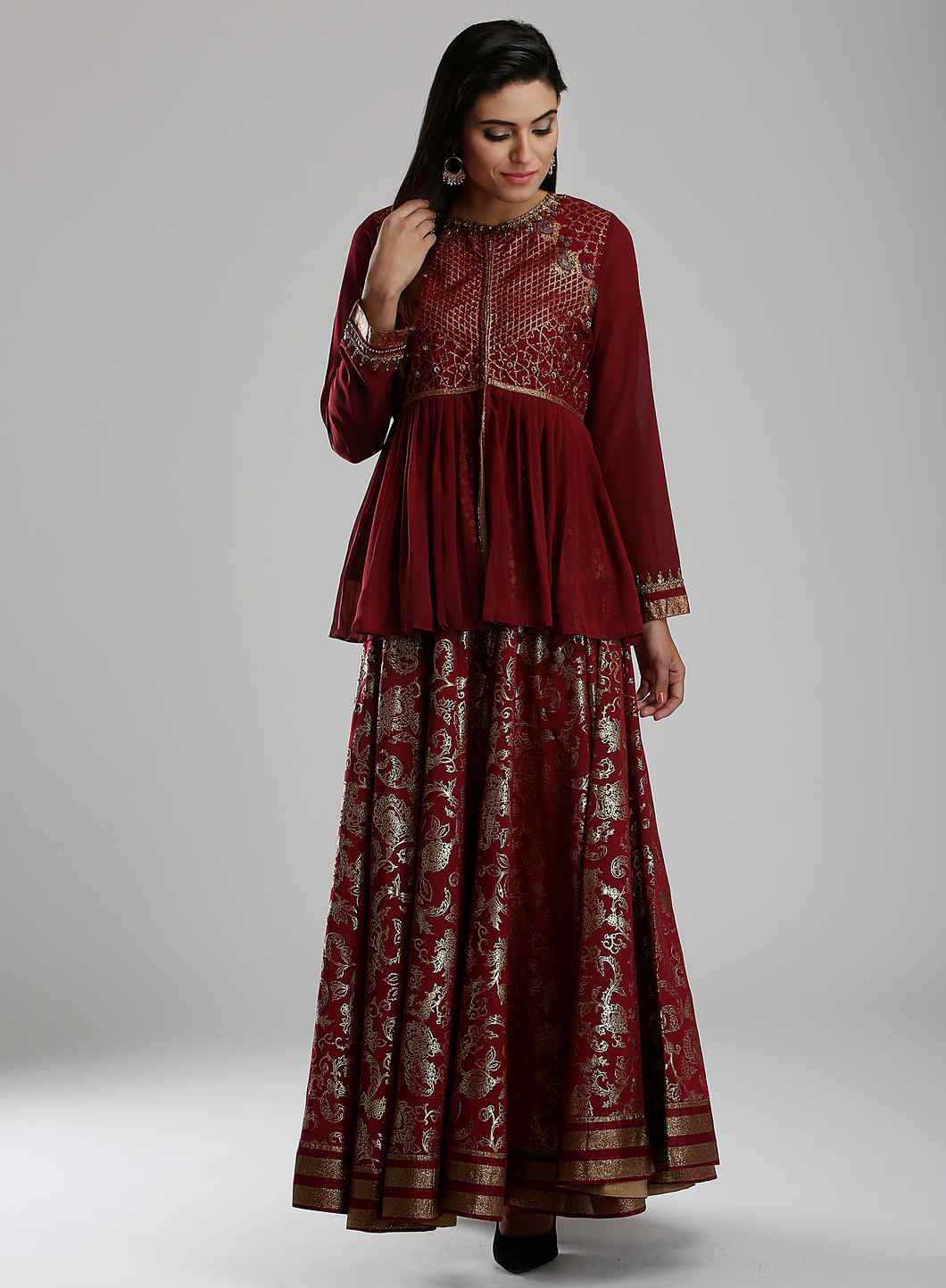 Maroon Embellished Round Neck Ethnic Set