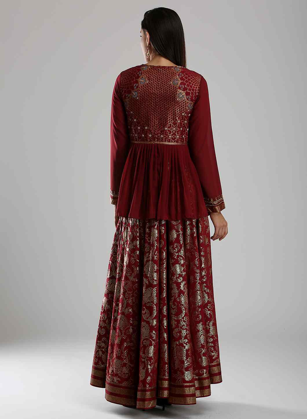 Maroon Embellished Round Neck Ethnic Set