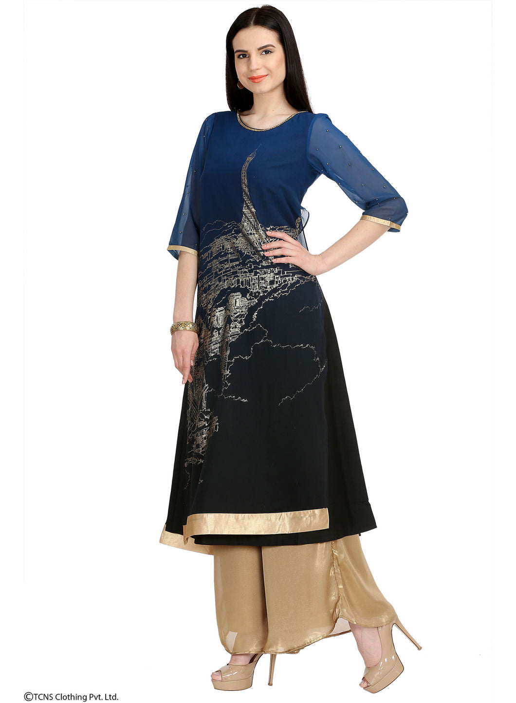 Blue Embellished 3/4 Sleeve kurta