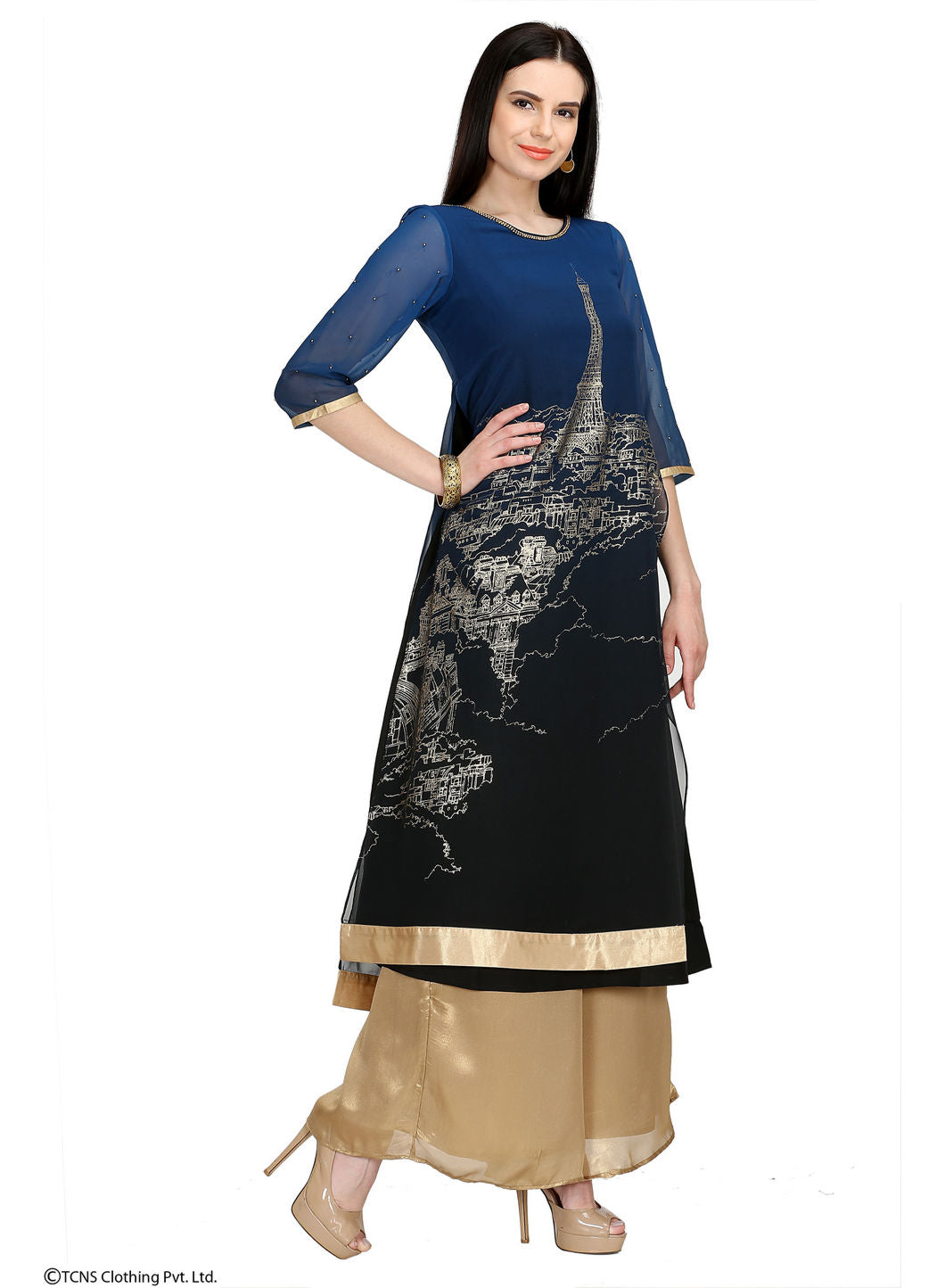 Blue Embellished 3/4 Sleeve kurta