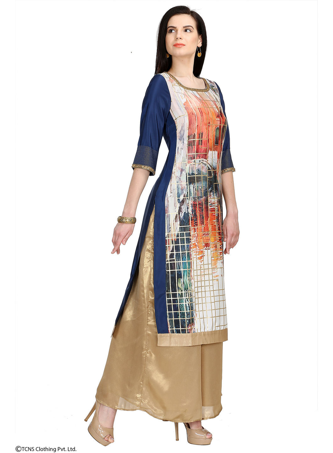 Blue Embellished Printed 3/4 Sleeve kurta