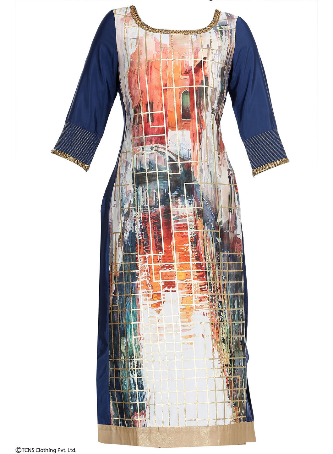 Blue Embellished Printed 3/4 Sleeve kurta