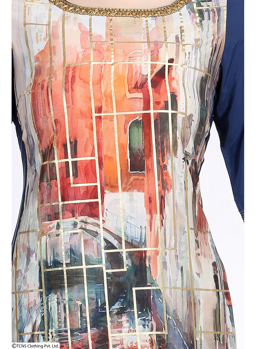 Blue Embellished Printed 3/4 Sleeve kurta