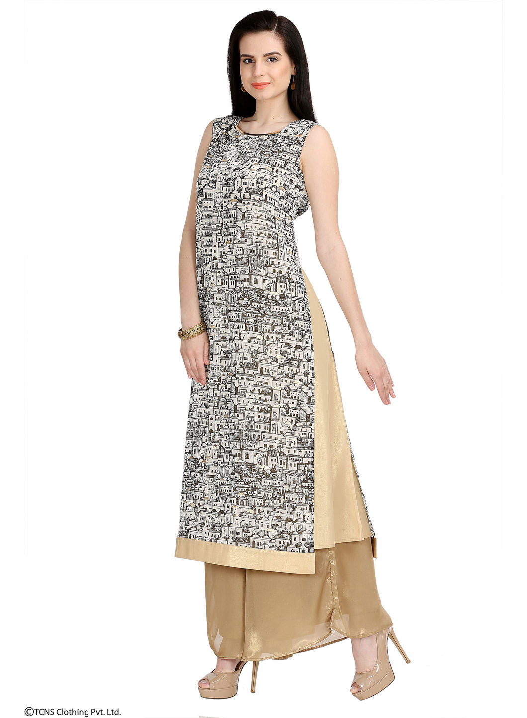 Cream-coloured Printed Sleeveless kurta