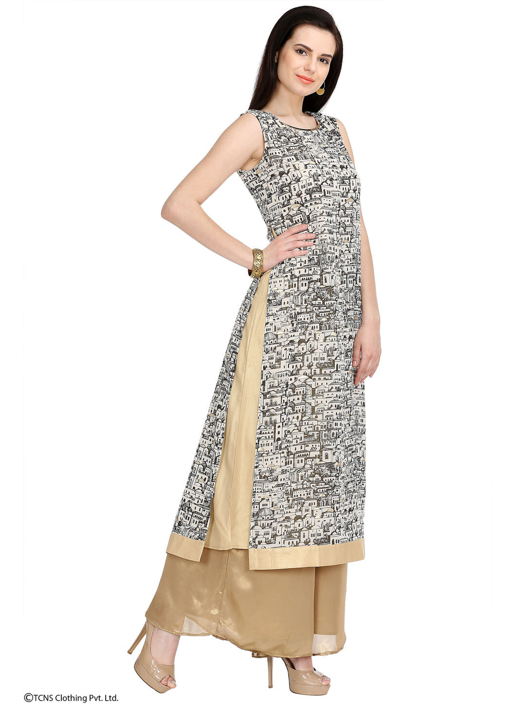 Cream-coloured Printed Sleeveless kurta
