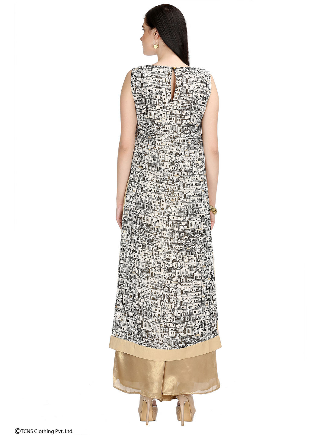 Cream-coloured Printed Sleeveless kurta