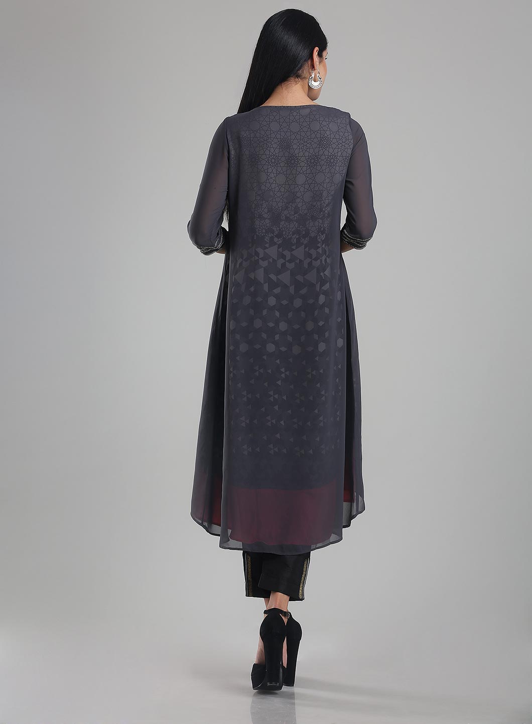 Grey & White 3/4 Sleeve Printed kurta