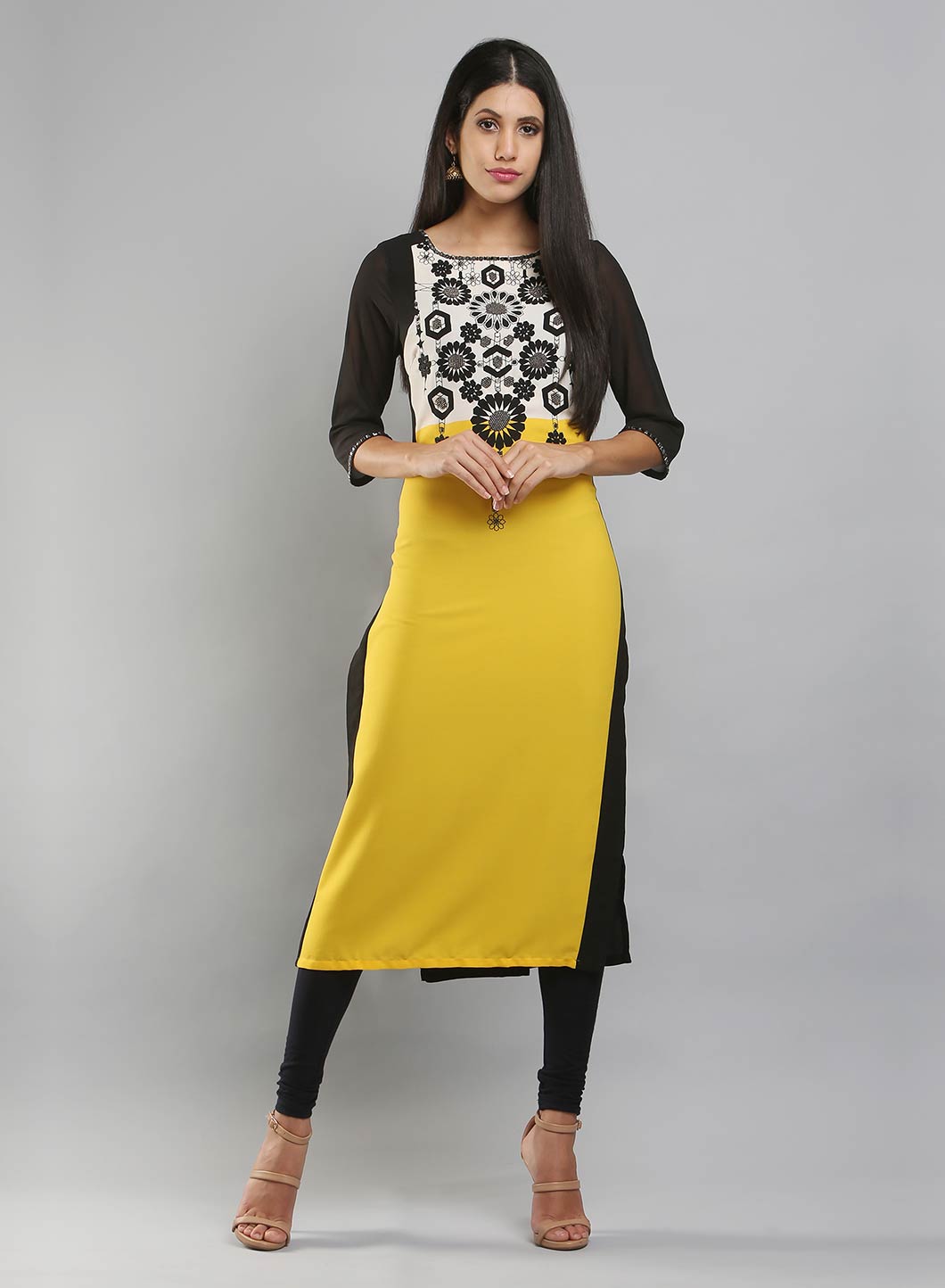 Yellow & Black Colorblocked Printed kurta