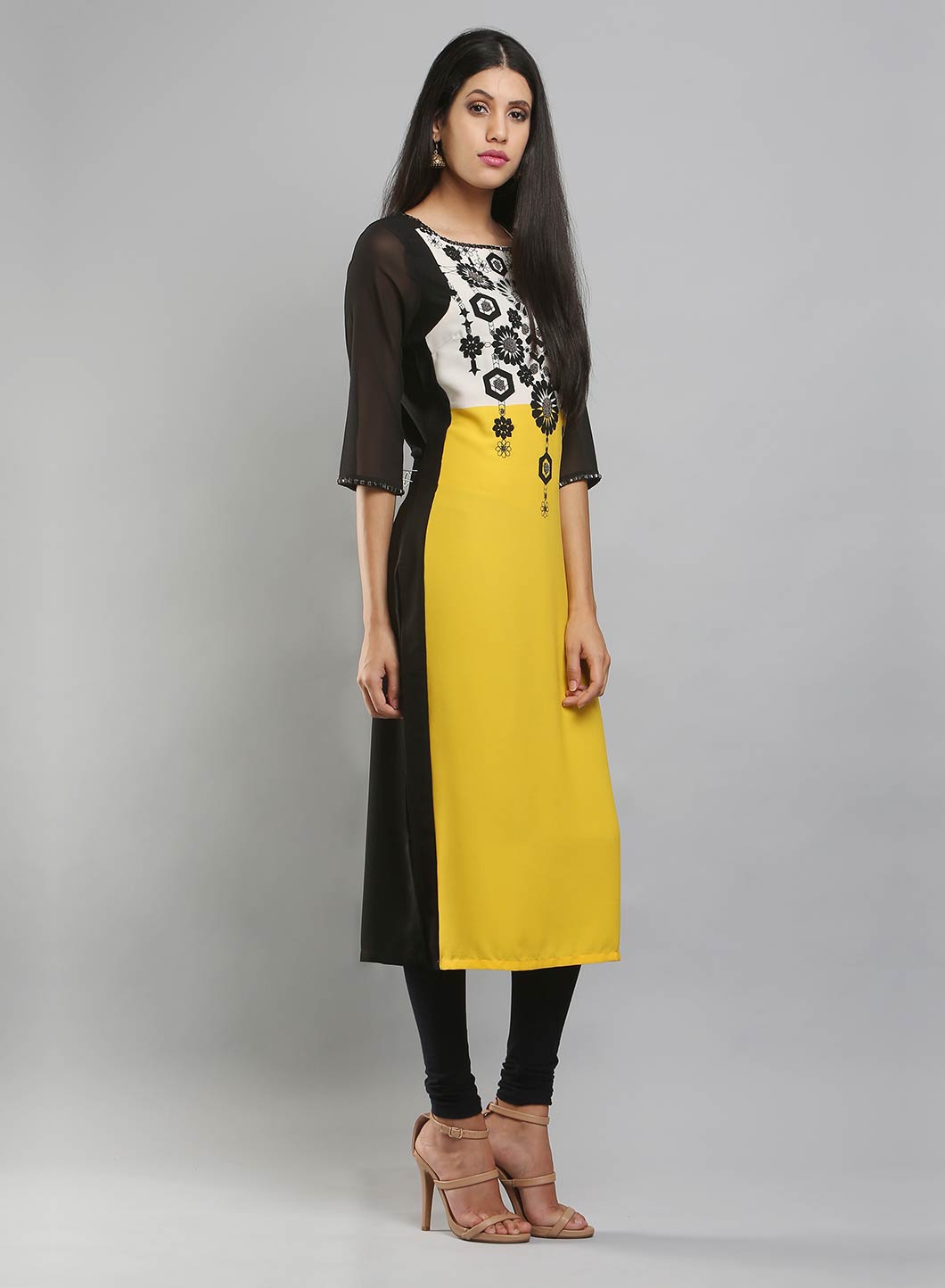 Yellow & Black Colorblocked Printed kurta
