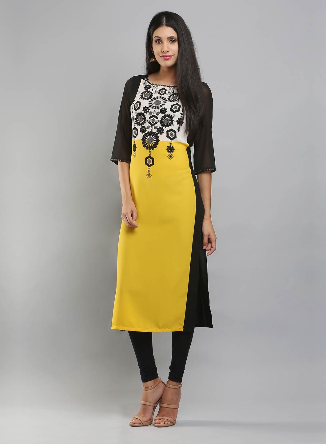 Yellow & Black Colorblocked Printed kurta