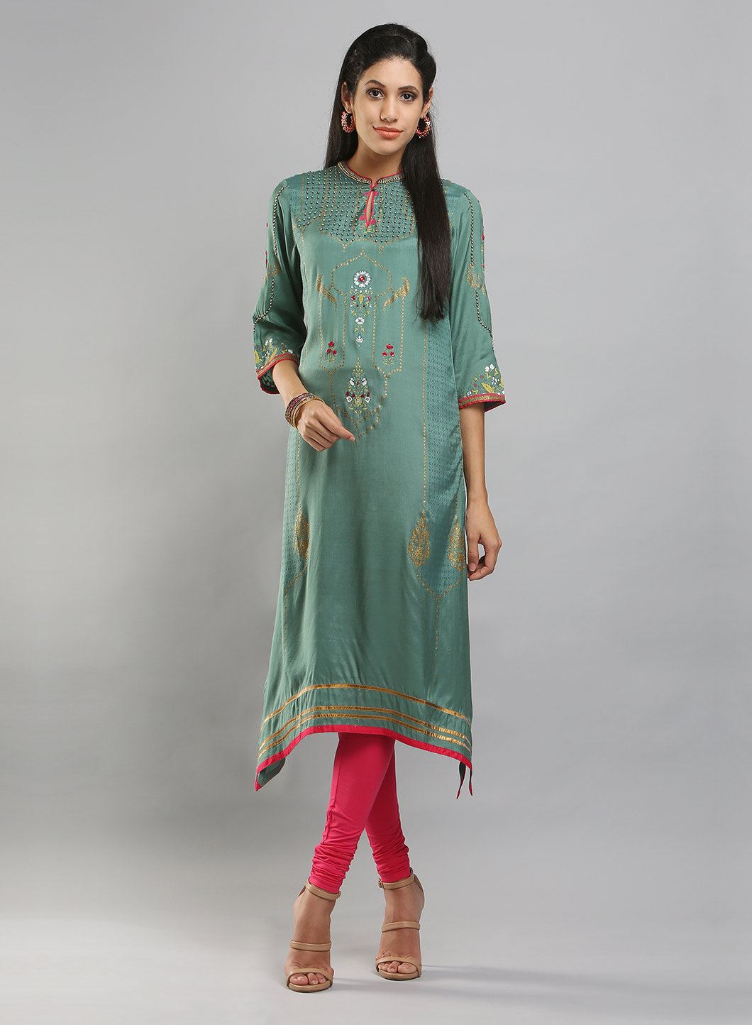 Sea-Green Mandarin Neck Printed kurta
