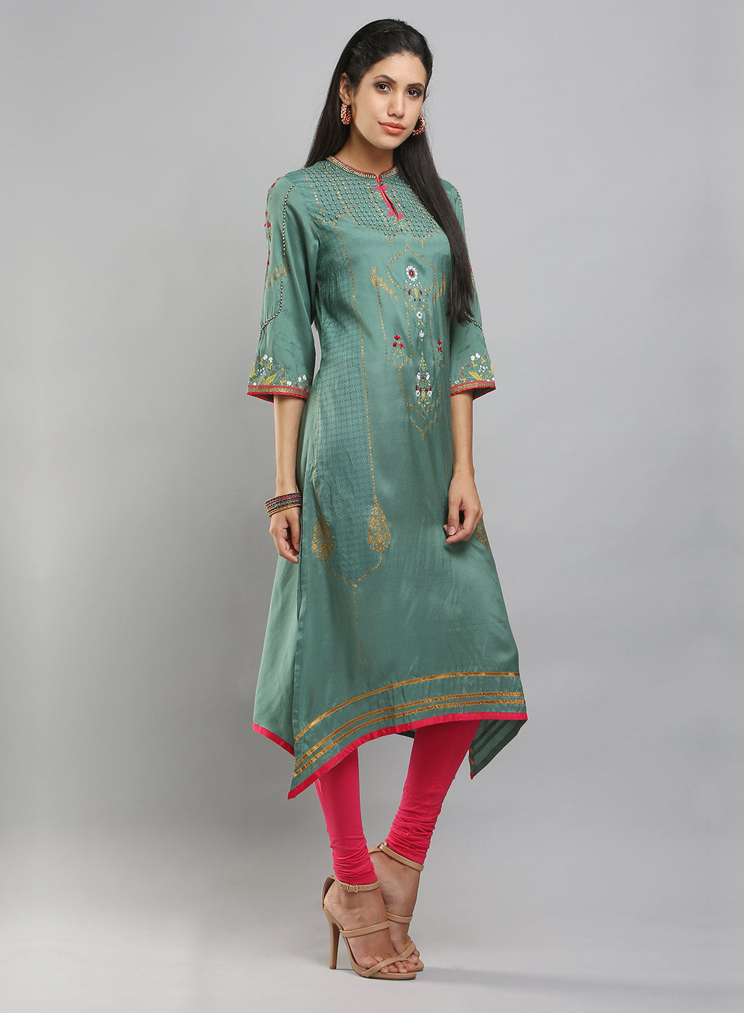 Sea-Green Mandarin Neck Printed kurta