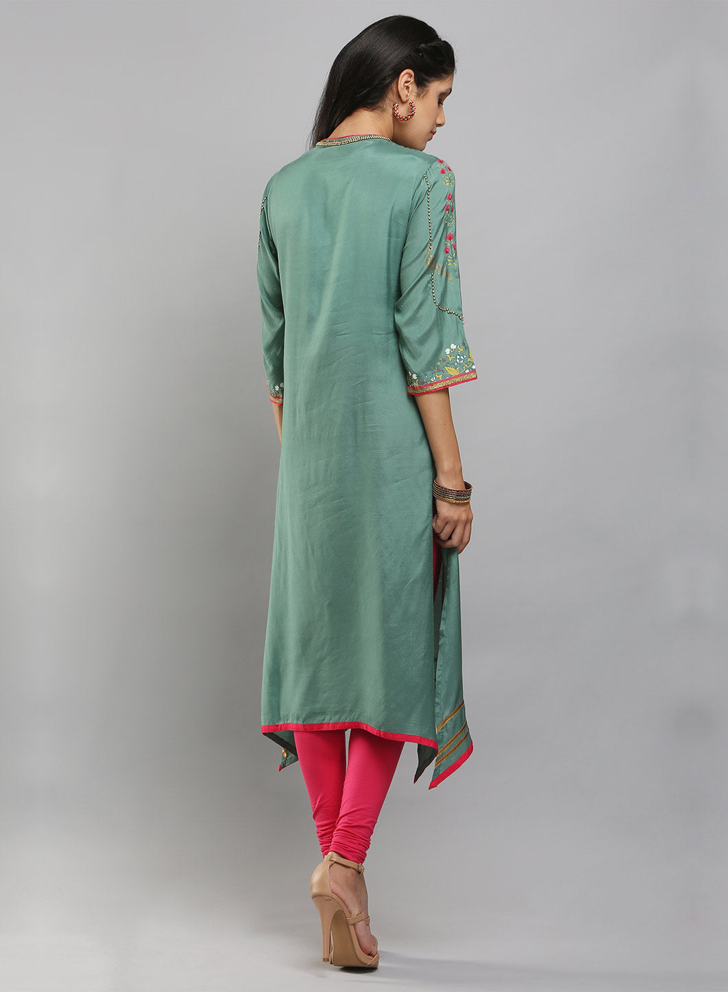 Sea-Green Mandarin Neck Printed kurta