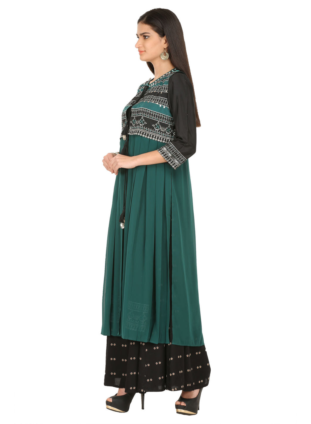 Black Printed 3/4 Sleeve kurta With Gillet