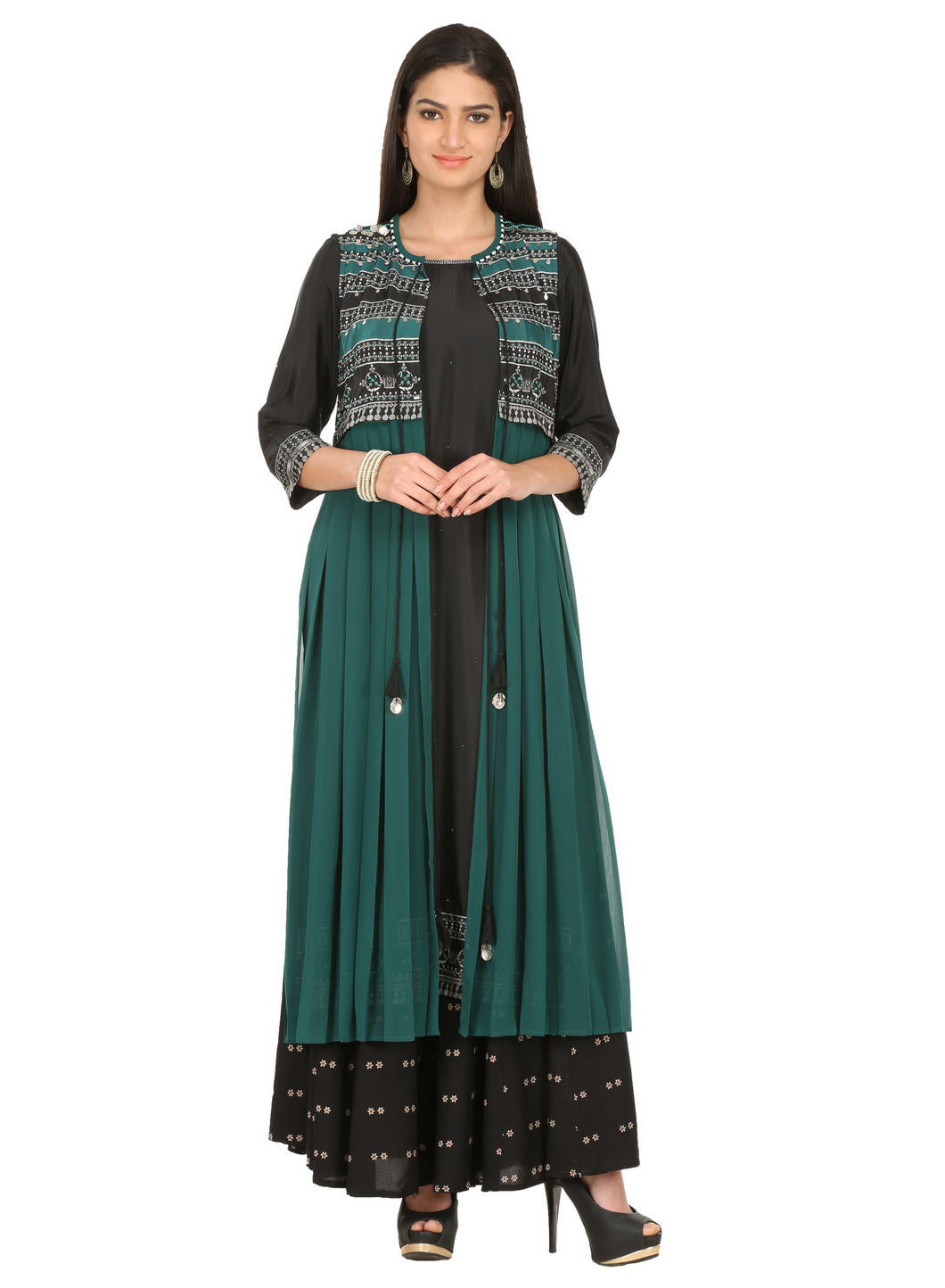 Black Printed 3/4 Sleeve kurta With Gillet
