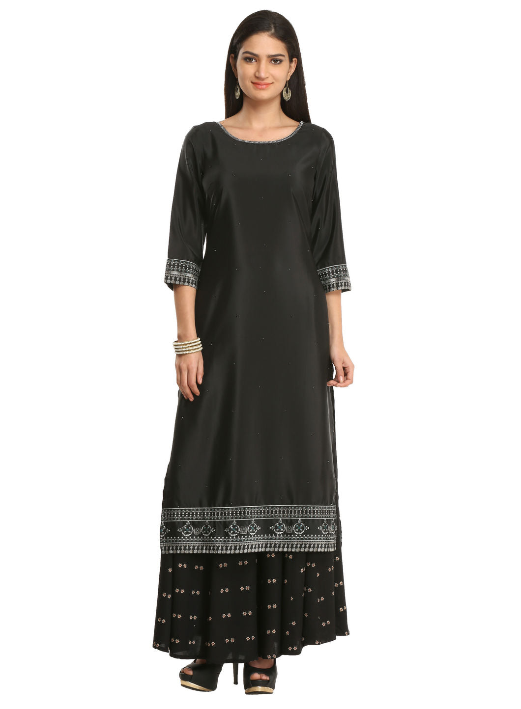 Black Printed 3/4 Sleeve kurta With Gillet